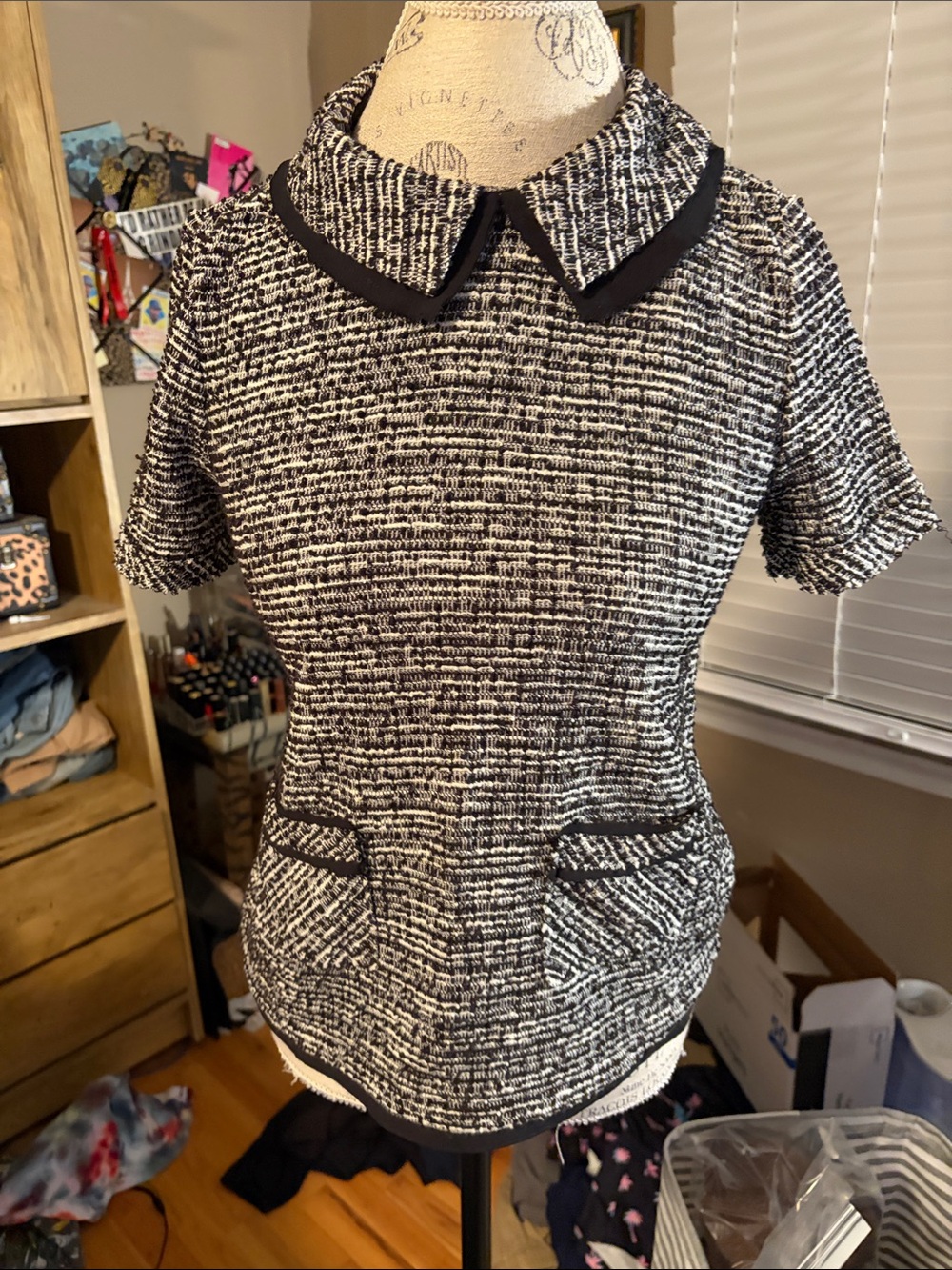 Anthropologie Black & White Tweed Short-Sleeve Top with Contrast Collar - XS NWT